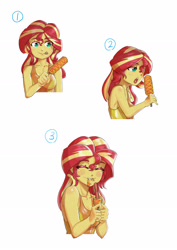 Size: 2480x3508 | Tagged: safe, artist:mrs1989, sunset shimmer, equestria girls, g4, bare shoulders, blushing, bust, clothes, corn, corndog, eating, female, food, ketchup, mustard, sauce, sausage, simple background, sleeveless, smiling, solo, tank top, white background