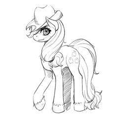 Size: 800x772 | Tagged: safe, artist:mrs1989, applejack, earth pony, pony, g4, applejack's hat, cowboy hat, female, hat, looking at you, mare, monochrome, simple background, sketch, smiling, smiling at you, solo, white background