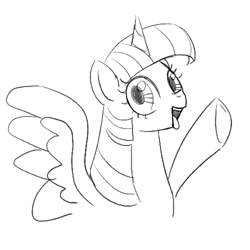 Size: 500x500 | Tagged: safe, artist:mrs1989, twilight sparkle, alicorn, pony, g4, bust, female, looking at you, mare, monochrome, open mouth, open smile, simple background, sketch, smiling, solo, twilight sparkle (alicorn), waving, waving at you, white background
