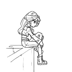 Size: 800x800 | Tagged: safe, artist:mrs1989, sunset shimmer, equestria girls, g4, boots, clothes, female, monochrome, shoes, simple background, sitting, sketch, solo, white background