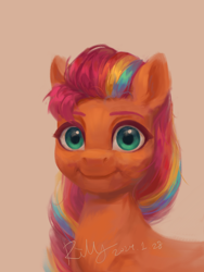 Size: 1536x2048 | Tagged: safe, artist:rily, sunny starscout, earth pony, pony, g5, my little pony: a new generation, chinese, female, green eyes, looking at you, mane stripe sunny, multicolored hair, rainbow hair, simple background, smiling, smiling at you, solo, warm