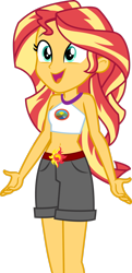 Size: 1280x2648 | Tagged: safe, alternate version, artist:cloudy glow, edit, vector edit, sunset shimmer, human, equestria girls, g4, my little pony equestria girls: legend of everfree, .ai available, bare shoulders, belly button, breasts, camp everfree outfits, clothes, cute, denim, denim shorts, embrace the magic, female, happy, legs, long hair, midriff, open mouth, shimmerbetes, shorts, shoulderless, sideboob, simple background, sleeveless, smiling, solo, standing, teenager, transparent background, turquoise eyes, two toned hair, vector, yellow skin