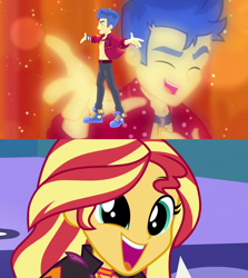 Size: 1280x1438 | Tagged: safe, edit, edited screencap, screencap, flash sentry, sunset shimmer, human, cheer you on, equestria girls, g4, my little pony equestria girls: better together, wake up!, wake up!: pinkie pie, clothes, excited, female, male, open clothes, open shirt, ship:flashimmer, shipping, straight