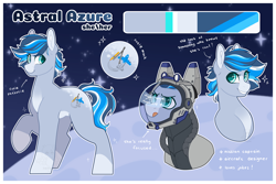 Size: 3000x2000 | Tagged: safe, artist:liefsong, oc, oc only, oc:astral azure, earth pony, fanfic:somnambulance, :p, astronaut, blaze (coat marking), blue mane, coat markings, color palette, cutie mark, expressions, facial markings, female, high res, hud, mare, moon, reference sheet, simple background, smiling, smirk, socks (coat markings), space, space helmet, spacesuit, teal eyes, tongue out