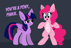 Size: 1100x750 | Tagged: safe, artist:tridashie, pinkie pie, twilight sparkle, alicorn, earth pony, pony, g4, :o, belly button, bipedal, dialogue, female, looking at someone, mare, open mouth, pale belly, simple background, standing on two hooves, text, twilight sparkle (alicorn), unamused
