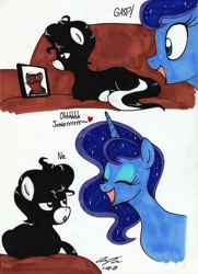 Size: 2090x2882 | Tagged: safe, artist:newyorkx3, princess luna, oc, oc:tommy junior, alicorn, cat, earth pony, pony, eyes closed, lying down, open mouth, ponyloaf, prone, traditional art