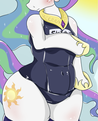 Size: 645x796 | Tagged: safe, artist:umejiru, edit, princess celestia, alicorn, pony, semi-anthro, g4, arm hooves, belly, big belly, bipedal, bloated, blushing, clothes, cropped, female, not pregnant, pictures of bellies, plump, pudgy, request, school swimsuit, solo, swimsuit