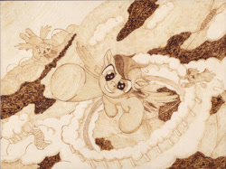 Size: 1280x957 | Tagged: safe, artist:malte279, bow hothoof, rainbow dash, windy whistles, pegasus, pony, g4, cloudiseum, cloudsdale, craft, family, female, filly, filly rainbow dash, foal, grin, looking at you, male, pyrography, smiling, smiling at you, smirk, traditional art, worried, younger