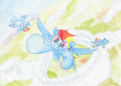 Size: 1280x908 | Tagged: safe, artist:malte279, bow hothoof, rainbow dash, windy whistles, pegasus, pony, g4, aquarelle, cloudiseum, cloudsdale, family, female, filly, filly rainbow dash, foal, grin, looking at you, male, smiling, smiling at you, smirk, traditional art, watercolor painting, worried, younger