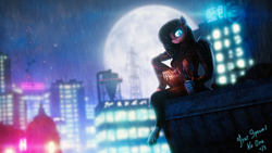 Size: 3840x2160 | Tagged: safe, artist:your special no one, oc, oc only, oc:moonshine, bat pony, anthro, unguligrade anthro, 3d, alcohol, anthro oc, bat ears, bat eyes, bat wings, blurry background, cigarette, city, cityscape, clothes, drink, female, gloves, high res, jacket, leather, leather jacket, looking at you, moon, rain, revamped anthros, scarf, signature, sitting, smoke, smoking, socks, solo, source filmmaker, striped socks, thigh highs, wet, wet clothes, wings