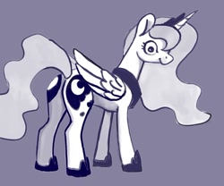 Size: 900x749 | Tagged: safe, artist:ponsce, princess luna, alicorn, pony, g4, aside glance, blue background, butt, female, folded wings, hoof shoes, jewelry, looking at you, looking back, looking back at you, mare, monochrome, moonbutt, peytral, plot, profile, regalia, simple background, solo, standing, wings