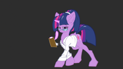 Size: 3840x2160 | Tagged: safe, artist:coreboot, twilight sparkle, pony, unicorn, g4, clothes, ear fluff, glasses, gray background, lab coat, notepad, ponytail, quill, simple background, solo, tablet, unicorn twilight