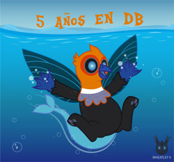 Size: 1331x1241 | Tagged: safe, artist:wheatley r.h., derpibooru exclusive, oc, oc only, oc:w. rhinestone eyes, griffon, original species, air bubble, bubble, happy, male, ocean, solo, spanish, spread wings, underwater, vector, water, watermark, wings