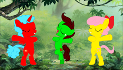 Size: 1888x1080 | Tagged: safe, artist:brightstar40k, artist:optimusv42, oc, oc:isabelle, oc:jungle jewel, oc:sweetie peach, alicorn, earth pony, alicorn oc, bipedal, earth pony oc, forest, horn, jungle, jungle girl, nature, tree, wings