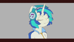 Size: 1920x1080 | Tagged: safe, artist:mateuslaureano, dj pon-3, vinyl scratch, unicorn, anthro, g4, animated, bust, clothes, eyes closed, female, gif, gray background, headbob, headphones, horn, loop, mare, missing accessory, no glasses, simple background, smiling, two toned mane, unicorn horn