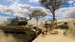 Size: 1920x1080 | Tagged: safe, artist:o9thezombine, oc, earth pony, pegasus, pony, unicorn, equestria at war mod, 3d, brodie helmet, clothes, desert, destroyed tank, equestrian army, gmod, gun, helmet, infantry tank, lee enfield, matilda tank, military, military uniform, panzer ii, rifle, sand, sd.kfz 250, soft lamps, unicorn magic, uniform, war, weapon, world war ii