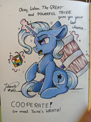 Size: 729x970 | Tagged: safe, artist:julunis14, trixie, pony, unicorn, g4, dialogue, female, hammer, levitation, magic, mallet, mare, rubik's cube, simple background, solo, telekinesis, traditional art, white background