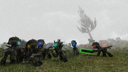 Size: 1920x1080 | Tagged: safe, artist:o9thezombine, changeling, equestria at war mod, 3d, battlefield, blue changeling, changeling army, destroyed tank, eye glow, gmod, grass, grass field, green changeling, grenade, gun, hat, infantry, magic, pak 36, rain, rifle, soft lamps, stahlhelm, t-34, telekinesis, weapon, world war ii, yellow changeling