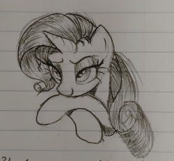 Size: 1856x1720 | Tagged: safe, anonymous artist, rarity, pony, unicorn, g4, /mlp/, doodle, female, grayscale, horn, lidded eyes, lined paper, mare, monochrome, no nose, solo, traditional art