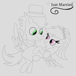 Size: 1400x1400 | Tagged: safe, artist:mrsdashskies, rainbow dash, soarin', pegasus, pony, g4, bridal carry, bride, carrying, clothes, dress, female, groom, husband and wife, just married, looking at each other, looking at someone, male, mare, marriage, married couple, ship:soarindash, shipping, sketch, smiling, smiling at each other, stallion, straight, tuxedo