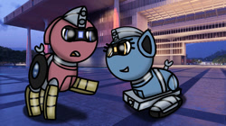 Size: 750x421 | Tagged: safe, artist:foxfer64_yt, oc, oc only, oc:silverstream (legacy robot pony), oc:trackhead, original species, pony, robot, robot pony, angry, city, confident, floppy ears, looking at each other, looking at someone, night, photo