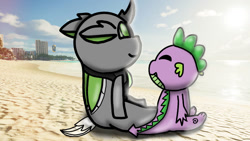 Size: 1192x670 | Tagged: safe, artist:foxfer64_yt, spike, oc, oc only, oc:razor uniboop, changeling, dragon, original species, pony, beach, city, day, green changeling, honolulu, looking at someone, looking up, sitting, smiling