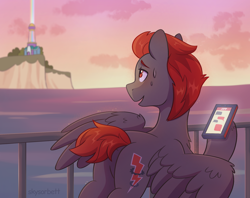 Size: 2374x1881 | Tagged: safe, artist:skysorbett, oc, oc only, oc:fordik, pegasus, pony, g5, cellphone, cloud, crystal brighthouse, male, ocean, pegasus oc, phone, sky, smartphone, solo, stallion, sunset, sweat, water