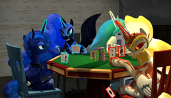 Size: 2994x1728 | Tagged: safe, artist:xafilah, daybreaker, nightmare moon, princess celestia, princess luna, alicorn, pony, g4, 3d, card, cheating, gmod, poker, source filmmaker