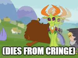 Size: 360x269 | Tagged: safe, edit, edited screencap, screencap, grampa gruff, prince rutherford, seaspray, thorax, changedling, changeling, griffon, yak, g4, school daze, animated, caption, changeling king, dies from cringe, dropping thorax, falling, frown, image macro, imgflip, king thorax, lying down, male, meme, on back, on side, reaction image, text, vibrating, wide eyes