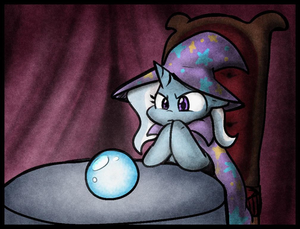 [artist:zutcha,cape,clothes,crystal ball,female,hat,mare,meme,pondering,pony,safe,solo,table,trixie,trixie's cape,unicorn,trixie's hat,looking at something,pondering my orb]