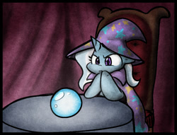 Size: 1008x772 | Tagged: safe, artist:zutcha, trixie, pony, unicorn, g4, cape, clothes, crystal ball, female, fortune teller, hat, looking at something, mare, meme, pondering, pondering my orb, solo, table, trixie's cape, trixie's hat