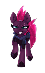 Size: 396x649 | Tagged: safe, artist:confetticakez, tempest shadow, pony, unicorn, g4, broken horn, eyelashes, female, grin, horn, looking at you, mare, scar, scar on the wrong side, simple background, smiling, solo, white background