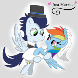 Size: 1400x1400 | Tagged: safe, artist:mrsdashskies, rainbow dash, soarin', pegasus, pony, g4, bridal carry, bride, carrying, clothes, dress, female, groom, husband and wife, just married, looking at each other, looking at someone, male, mare, marriage, married couple, ship:soarindash, shipping, smiling, smiling at each other, stallion, straight, tuxedo