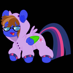 Size: 894x894 | Tagged: safe, artist:vvolfbreath, twilight sparkle, oc, oc:bluebook, alicorn, pegasus, pony, g4, black background, blue eyes, brown mane, chibi, colored wings, commission, ear piercing, earring, female, glasses, jewelry, mare, onesie, open mouth, pegasus oc, piercing, simple background, solo, twilight sparkle (alicorn), two toned mane, wings, ych result