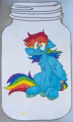 Size: 2295x3802 | Tagged: safe, artist:brynnstic, rainbow dash, pegasus, pony, g4, colored, coloring page, eye clipping through hair, eyebrows, eyebrows visible through hair, jar, lewd container meme, marker drawing, paper, simple background, solo, traditional art, unshorn fetlocks, white background