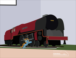 Size: 4096x3122 | Tagged: safe, artist:ponyrailartist, oc, oc only, oc:skittle, pegasus, pony, locomotive, micro, scale model, solo, steam locomotive, tiny, tiny ponies, train