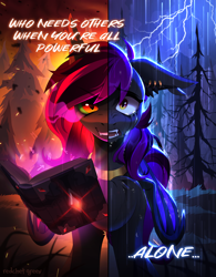 Size: 2500x3203 | Tagged: safe, artist:redchetgreen, oc, oc only, pony, book, forest, lightning, nature, rain, solo, sombra eyes, tree