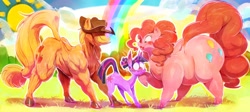 Size: 2142x960 | Tagged: safe, artist:sunibee, applejack, pinkie pie, twilight sparkle, earth pony, pony, unicorn, g4, alternate hairstyle, applejack's hat, applejacked, blushing, bucktooth, butt, chest fluff, colored, cowboy hat, ear blush, fat, female, flustered, grass, hair over eyes, hat, horn, huge butt, large butt, lipstick, looking at each other, looking at someone, looking down, looking up, mare, muscles, muscular female, nerd, outdoors, physique difference, pinpoint eyes, plot, pudgy pie, rainbow, raised hoof, size difference, smiling, sun, sweat, sweatdrop, tail, thin, trio, trio female, unicorn twilight, unshorn fetlocks