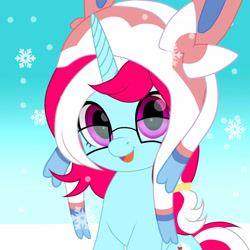 Size: 2048x2048 | Tagged: safe, artist:naoto yazarän, oc, oc only, oc:sugar lace, pony, unicorn, cap, glasses, gradient background, hat, pokémon, snow, snowfall, solo, sylvie