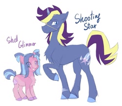 Size: 1263x1101 | Tagged: source needed, safe, artist:sparjechkaa, oc, oc only, oc:shell glimmer, oc:shooting star, concave belly, duo, female, height difference, male, next generation, offspring, parent:comet tail, parent:twilight sparkle, parents:cometlight, physique difference, siblings, simple background, size difference, tall, white background