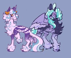 Size: 2048x1680 | Tagged: safe, artist:ghostunes, oc, oc only, oc:lucidity star, oc:sterling comet, pony, unicorn, adoptive children, alternate universe, blue background, bow, chest fluff, concave belly, hair bow, hoof fluff, leonine tail, looking at you, next generation, parent:princess luna, redesign, siblings, simple background, slender, smiling, smiling at you, sparkles, tail, thin, twins