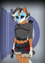Size: 2873x3953 | Tagged: safe, artist:shade stride, oc, oc:arc stellite, unicorn, anthro, bulletproof vest, clothes, female, gloves, grenade, gun, horn, mask, shirt, shorts, solo, standing, straps, tools, watermark, weapon