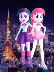 Size: 750x1000 | Tagged: safe, artist:masrendra, pinkie pie, twilight sparkle, equestria girls, g4, my little pony equestria girls: better together, 3d, arms, blouse, boots, bowtie, clothes, cosplay, costume, female, hand on hip, happy, high heel boots, hime cut, japanese, legs, long hair, mmd, open mouth, open smile, puffy sleeves, shoes, skirt, smiling, teenager, teeth, tokyo
