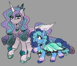 Size: 540x465 | Tagged: safe, alternate character, alternate version, artist:emera33, misty brightdawn, opaline arcana, princess flurry heart, alicorn, unicorn, g5, alternate universe, cape, clothes, gray background, jewelry, simple background, size difference, tiara