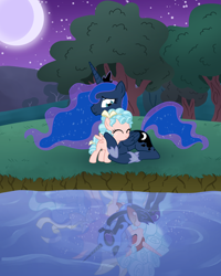 Size: 4800x6000 | Tagged: safe, artist:couratiel, cozy glow, nightmare moon, princess luna, alicorn, pegasus, pony, g4, a better ending for cozy, absurd resolution, alicornified, cozybetes, cozycorn, cozylove, cute, eyes closed, female, forgiveness, giant demon alicorn cozy glow, hug, lunabetes, lying down, moon, prone, race swap, redemption, reflection, reformed, reformed villain