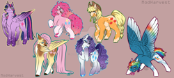 Size: 1280x572 | Tagged: safe, artist:modharvest, applejack, fluttershy, pinkie pie, rainbow dash, rarity, twilight sparkle, alicorn, earth pony, pegasus, pony, unicorn, g4, brown background, coat markings, colored hooves, female, glasses, hoof polish, large wings, mane six, mare, redesign, simple background, snorting, socks (coat markings), spread wings, straw in mouth, twilight sparkle (alicorn), wings