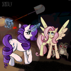 Size: 2000x2000 | Tagged: safe, artist:sibirly, part of a set, fluttershy, rarity, insect, pegasus, pony, unicorn, g4, crossover, duo, duo female, female, fluttershy being fluttershy, giant insect, glowing, glowing horn, high res, hoarding bug, horn, lethal company, levitation, magic, mare, open mouth, part of a series, protecting, shovel, signature, spread wings, telekinesis, threatening, wings
