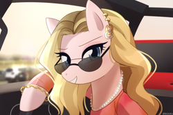 Size: 1050x700 | Tagged: safe, artist:riouku, earth pony, pony, bracelet, car, clothes, commission, ear piercing, earring, eyeshadow, female, grin, jewelry, makeup, mean girls, necklace, piercing, ponified, regina george, shirt, smiling, solo, sunglasses