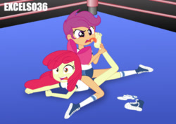 Size: 935x661 | Tagged: safe, artist:excelso36, apple bloom, scootaloo, human, equestria girls, g4, barefoot, breasts, clothes, converse, duo, duo female, feet, female, fetish, foot fetish, foot worship, licking, licking foot, reference, shoes, shorts, sneakers, socks, spongebob reference, spongebob squarepants, sports, sports shorts, the fry cook games, tongue out, wrestling