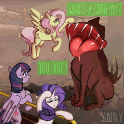 Size: 2000x2000 | Tagged: safe, artist:sibirly, part of a set, fluttershy, rarity, twilight sparkle, alicorn, pegasus, pony, unicorn, g4, bipedal, bipedal leaning, crossover, dialogue, drool, eyeless dog, eyes closed, female, fluttershy being fluttershy, flying, good boy, high res, hoof on head, leaning, lethal company, mare, monster, open mouth, open smile, part of a series, petting, railing, signature, sitting, smiling, tail, tail wag, tongue out, trio, trio female, twilight sparkle (alicorn), uvula